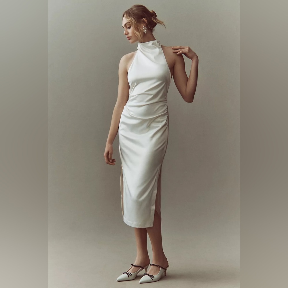 Bridal Anthropologie BHLDN Halter Satin Column Midi Dress